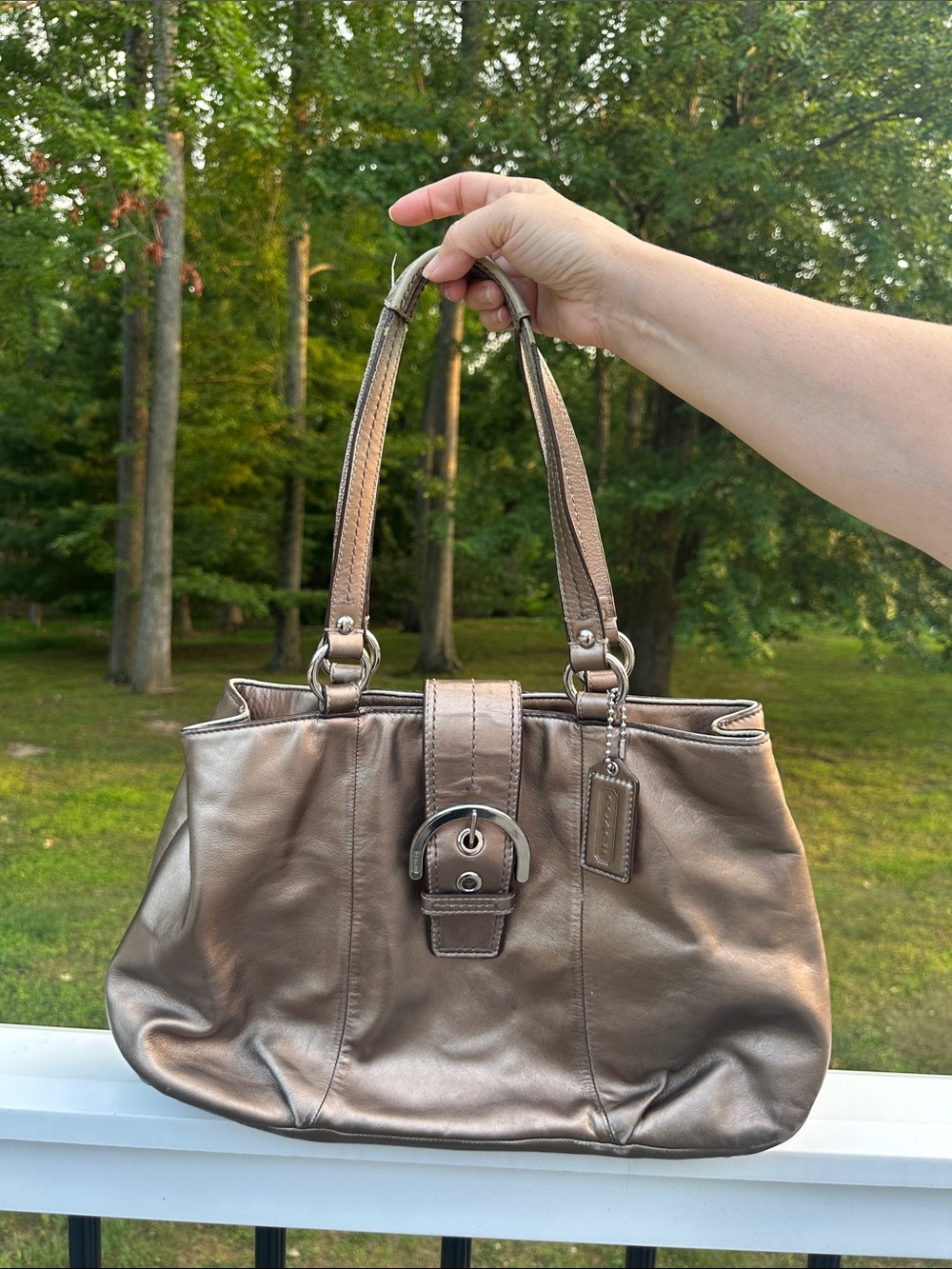 Coach Metallic Taupe Leather Shoulder Bag with Buckle Detail